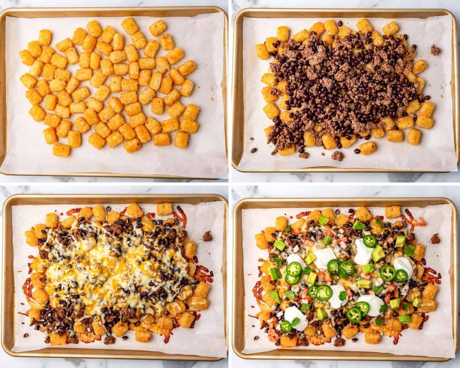 Collage of four images showing how to make tater tot nachos
