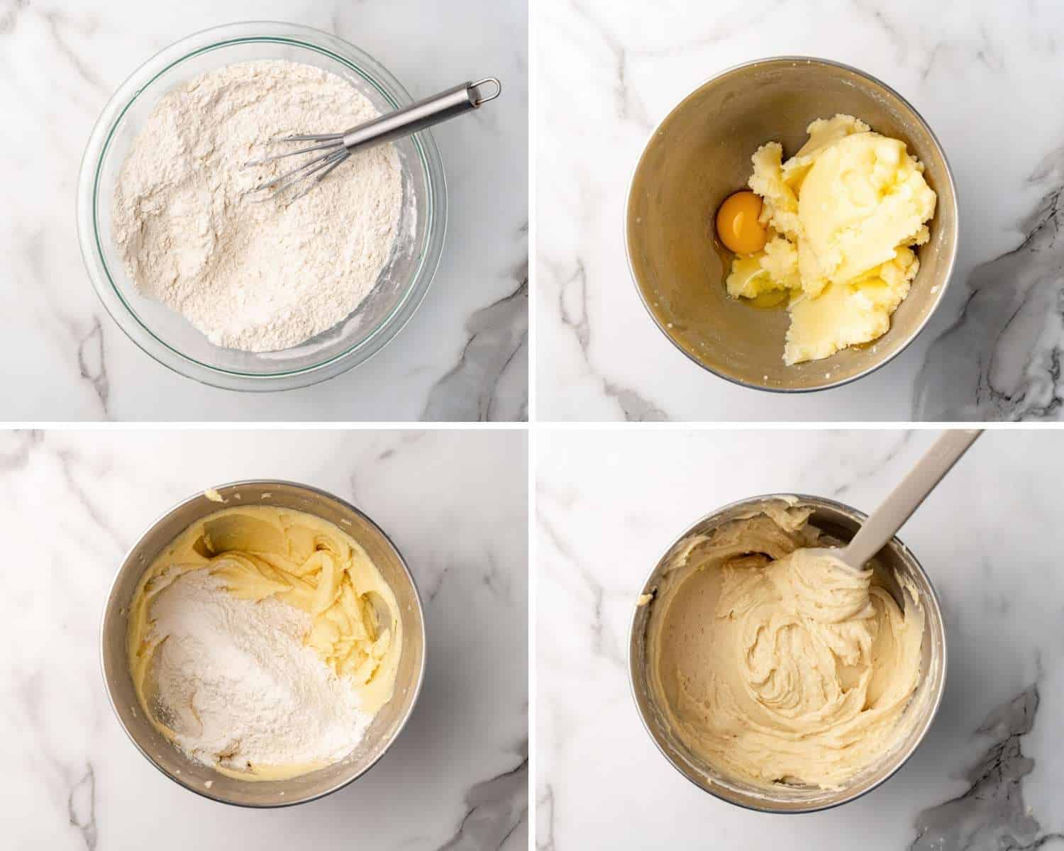 Four photos showing how to make a vanilla sponge cake from scratch