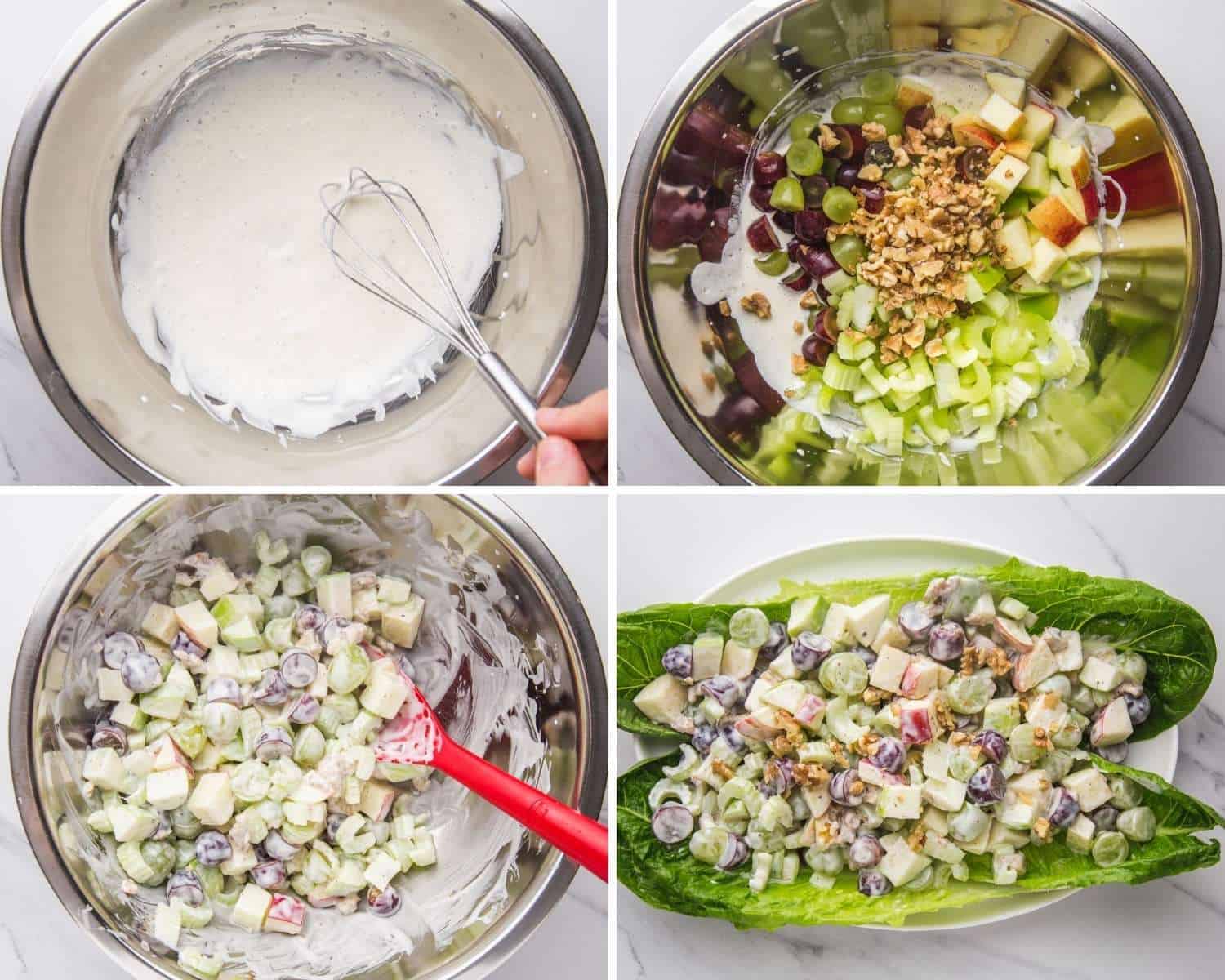 Collage showing four images of how to make waldorf salad