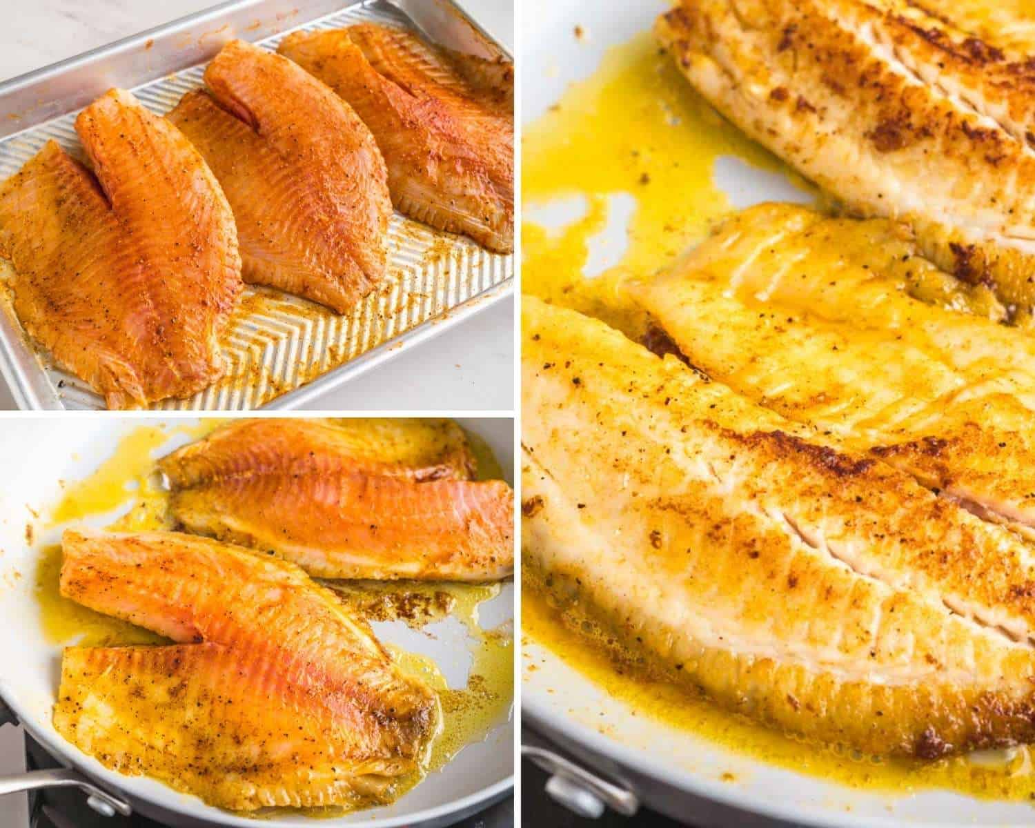 Collage of three images showing how to pan fry tilapia
