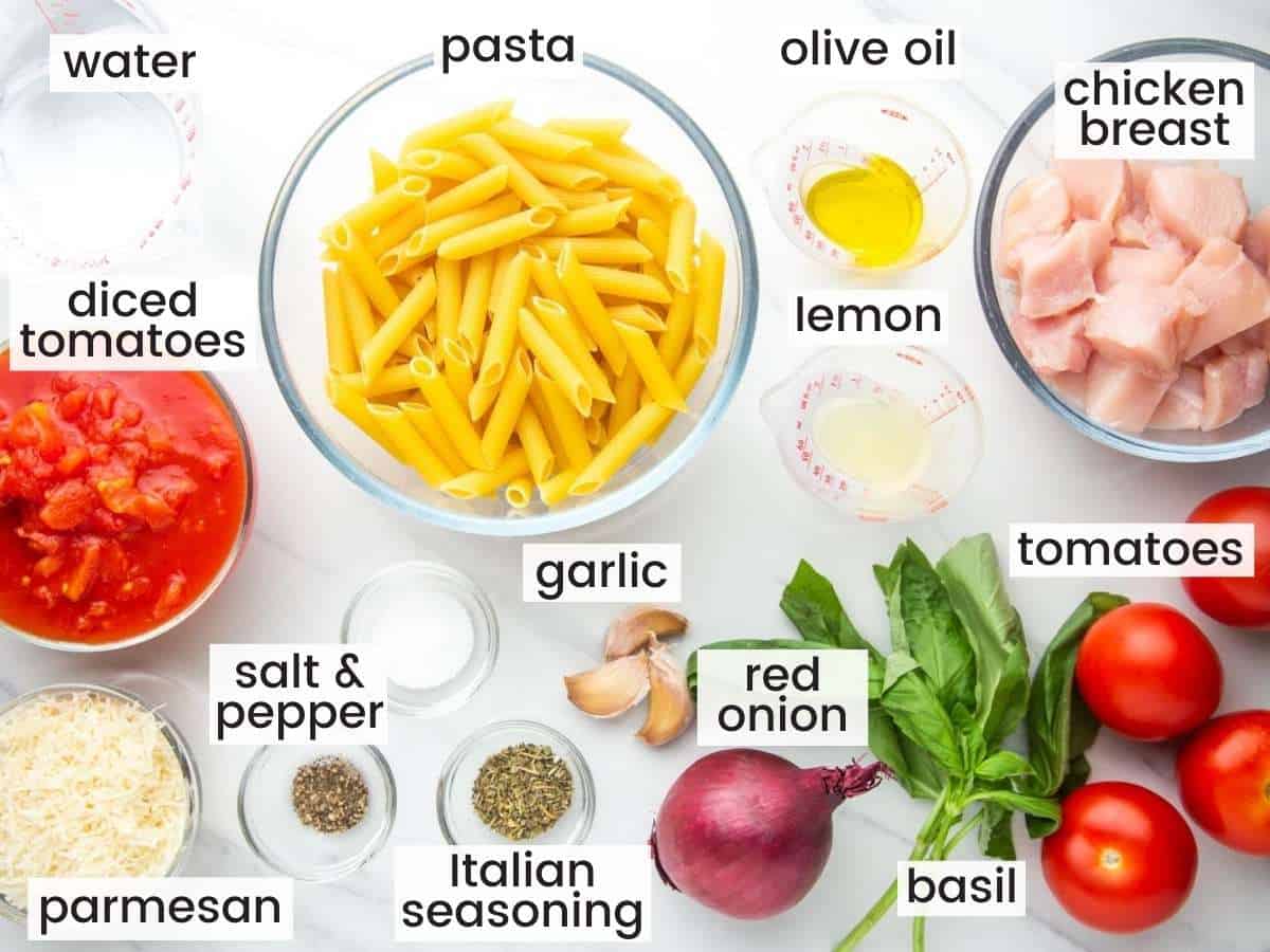 Ingredients needed for making instant pot bruschetta chicken pasta