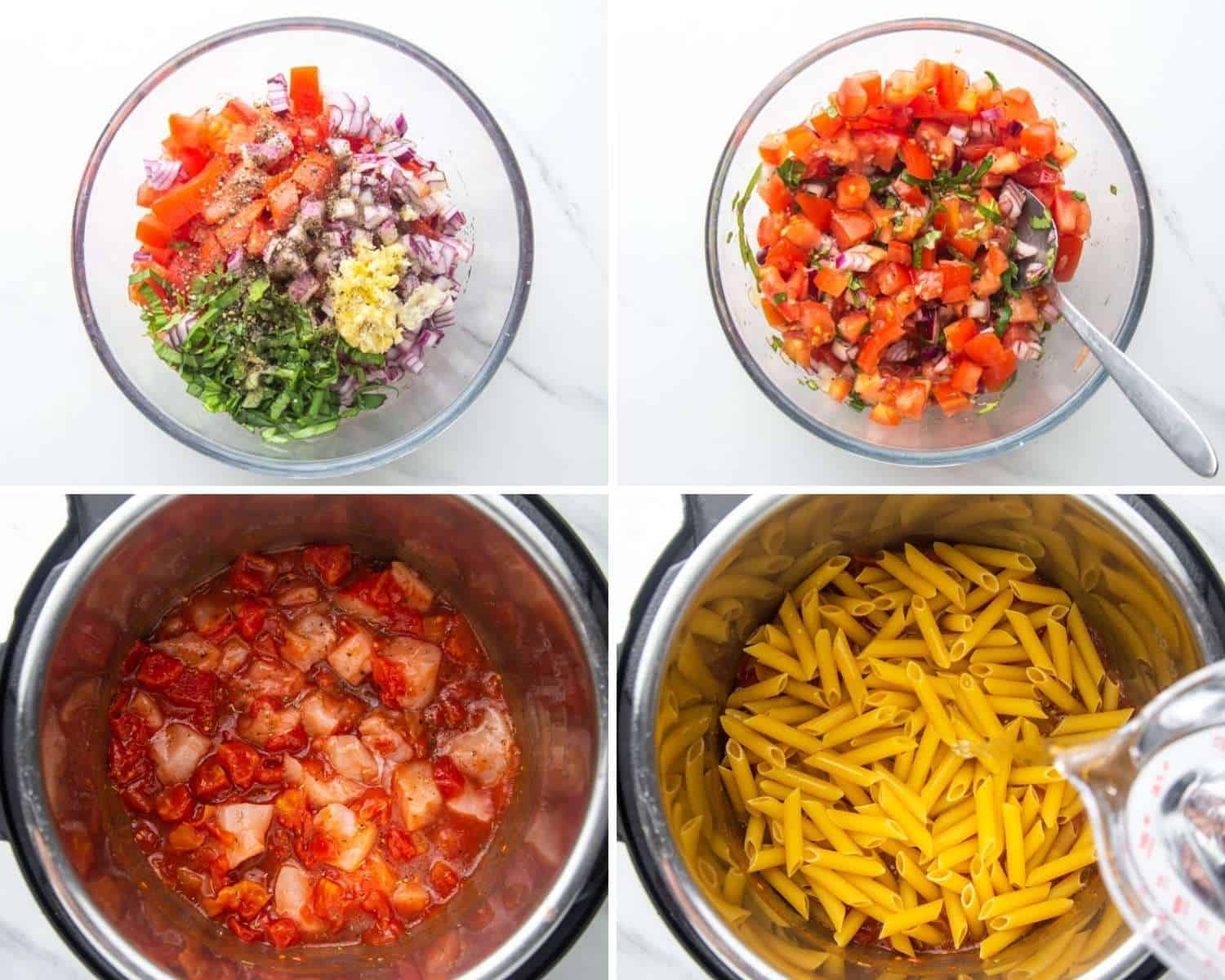Collage of four images showing how to make bruschetta topping, and how to cook chicken and pasta in the instant pot