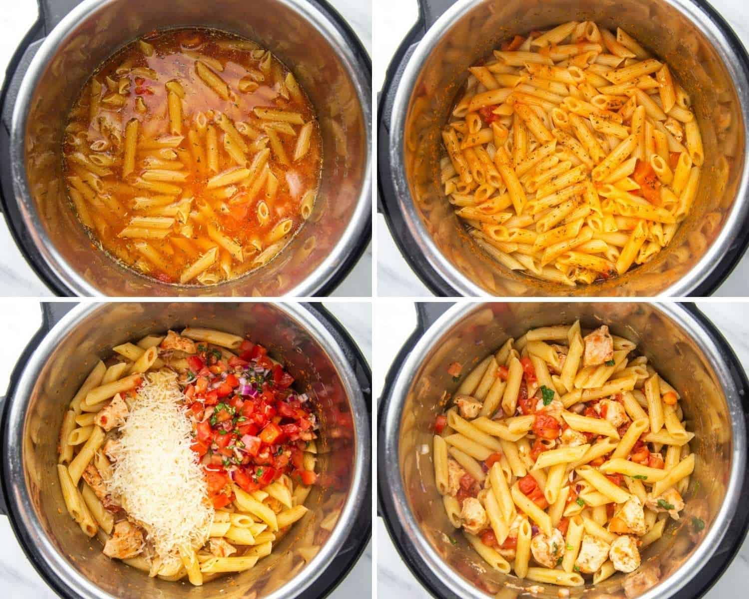 Collage of four images showing how to make bruschetta chicken pasta in the instant pot, cooking the pasta and chicken and then mixing in the topping and parmesan cheese.