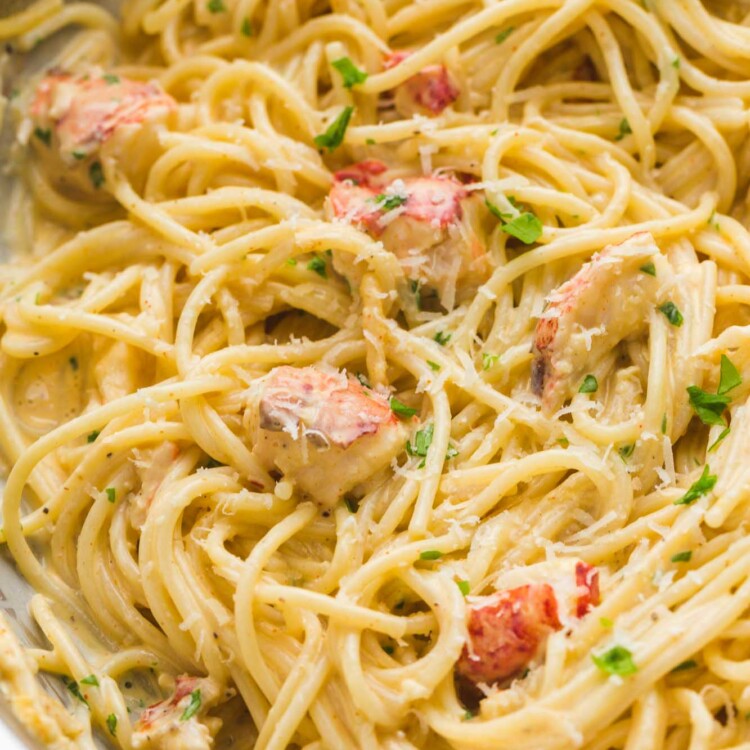 Close up shot of creamy lobster spaghetti pasta with pieces of cooked lobster, grated parmesan, and parsley.
