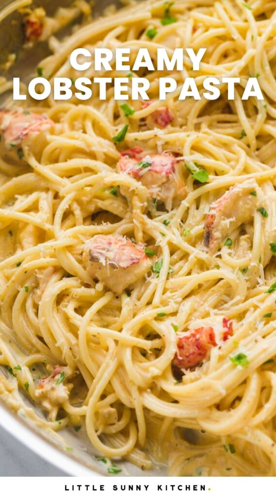 Close up shot of creamy lobster spaghetti pasta with pieces of cooked lobster, grated parmesan, and parsley. with overlay text that says "creamy lobster pasta"