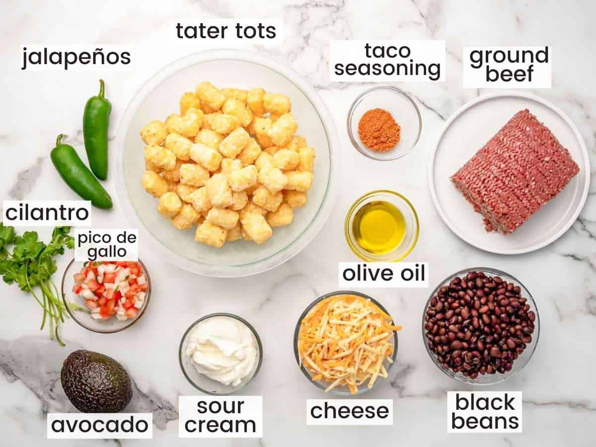 Ingredients needed for totchos including tater tots, ground beef, olive oil, taco seasoning, pico de gallo, avocado, cheese, sour cream, black beans, cilantro.