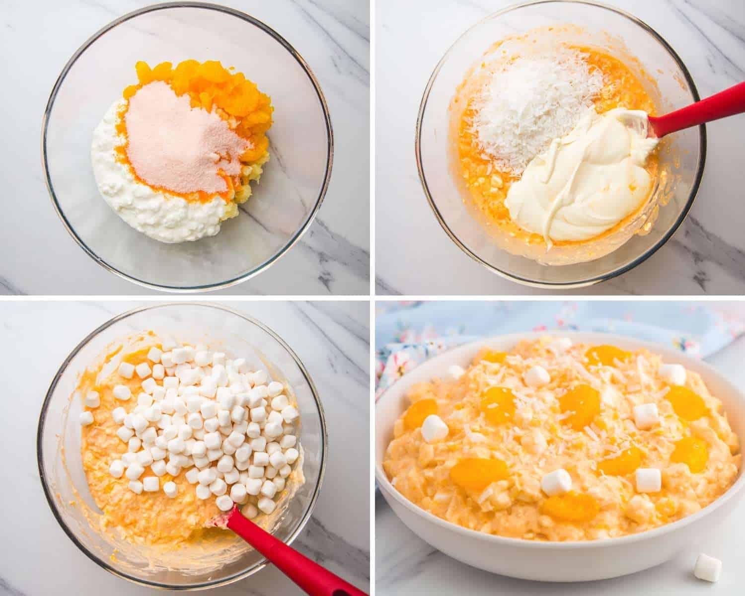 photo collage of four images showing how to make orange fluff salad