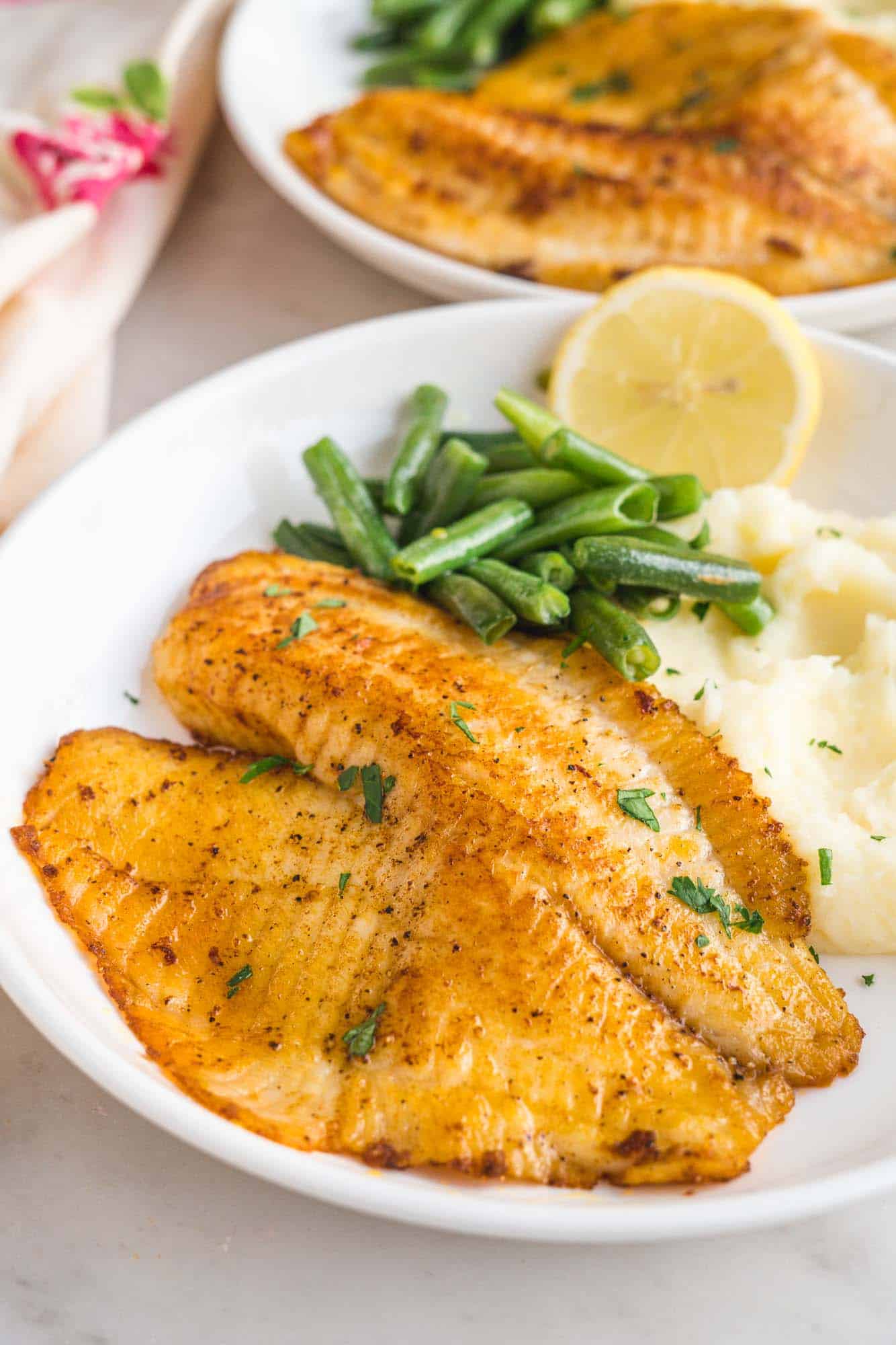 Side view of a dinner plate of Potatoes, beans, and fried tilapia