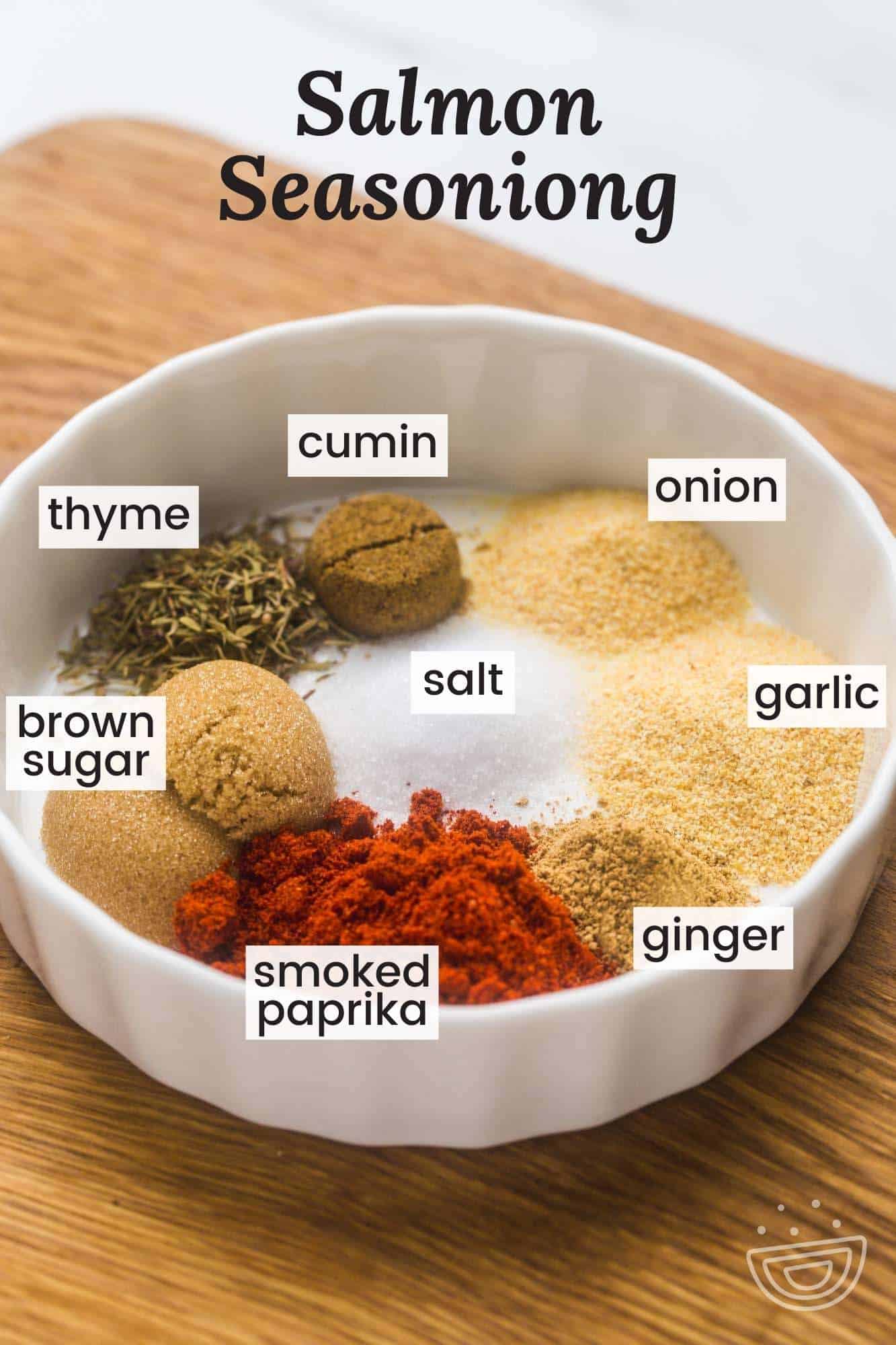Ingredients needed for making salmon seasoning including cumin, smoked paprika, thyme, ginger, brown sugar, salt, onion, and garlic.