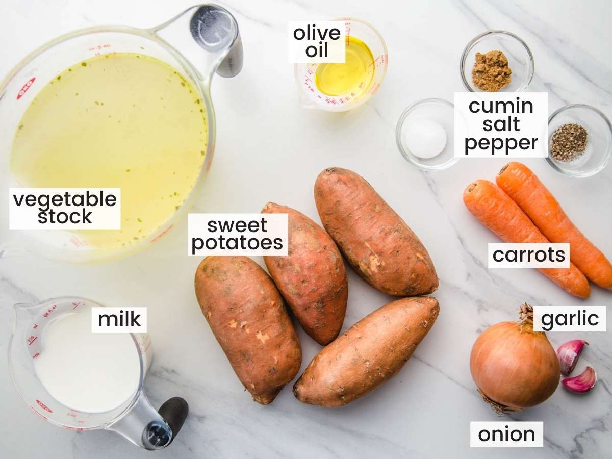 Ingredients needed for making roasted sweet potato soup with carrot