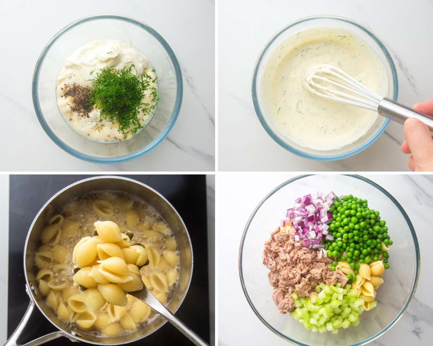 four images showing steps to take when making homemade tuna pasta salad from scratch. 
