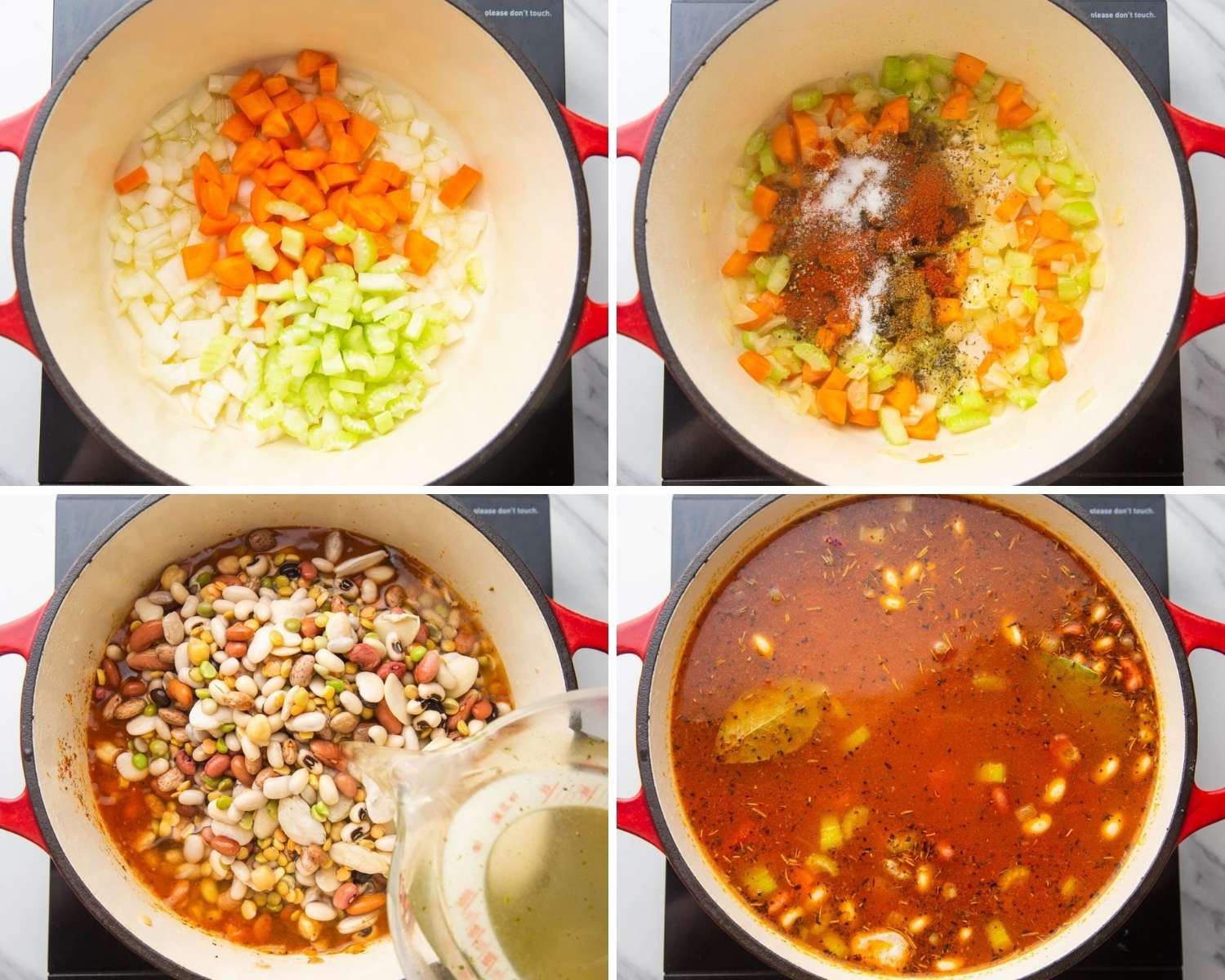 a collage of four images showing how to make easy 15 bean soup
