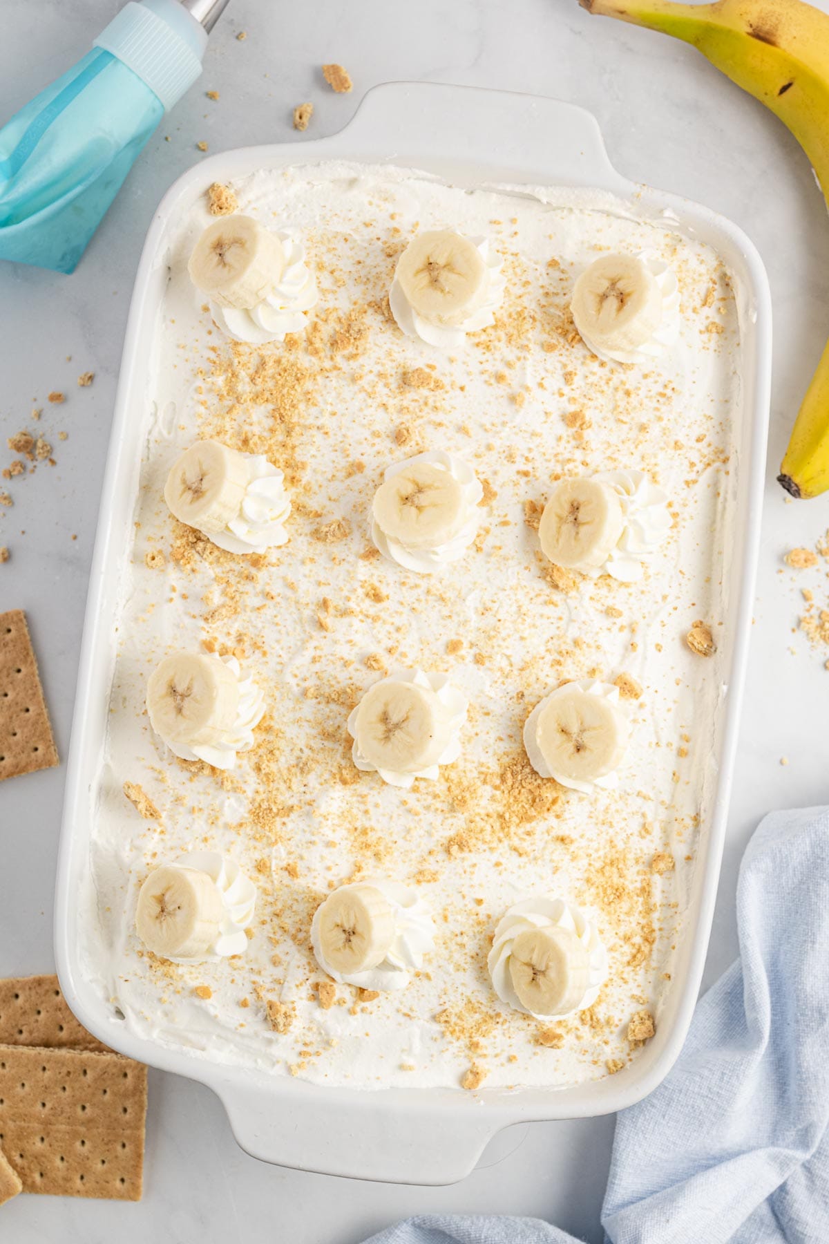 a finished 9x13 banana icebox cake, viewed from above
