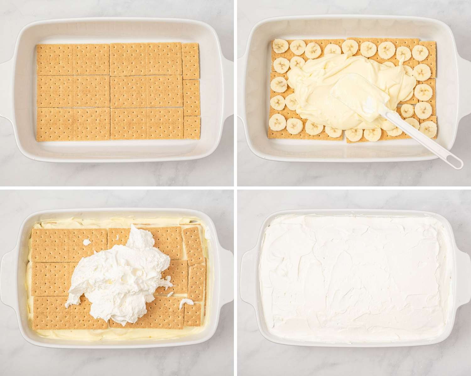 a collage of four images showing how to layer banana icebox cake with graham crackers
