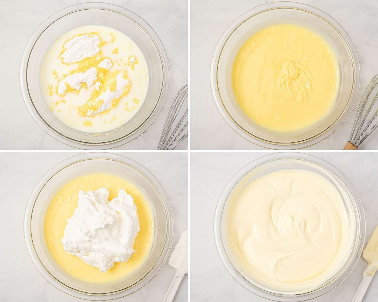 Collage of four images showing how to make banana pudding