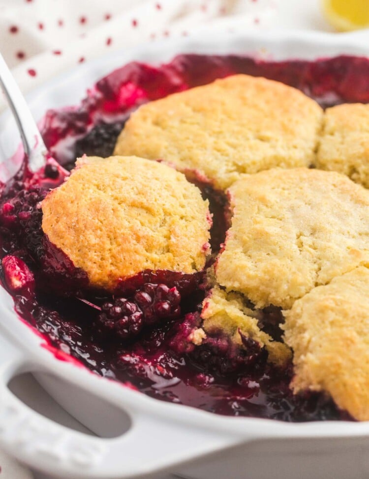 a round white baking dish of balckberry cobbler. A spoon is serving a scoop.