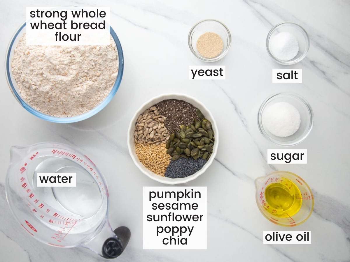Ingredients needed for making seed bread in the bread maker.