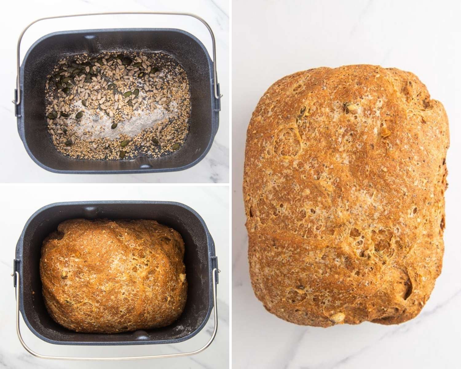 Collage of 3 images showing how to make seed bread in the bread maker