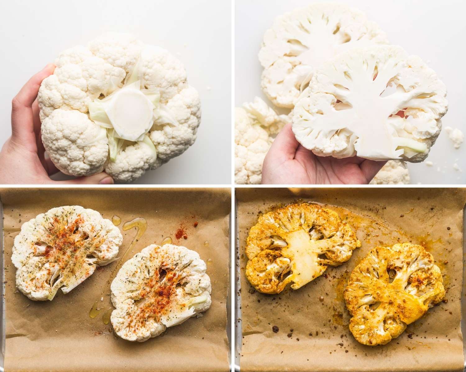 Collage of four images showing how to make cauliflower steaks