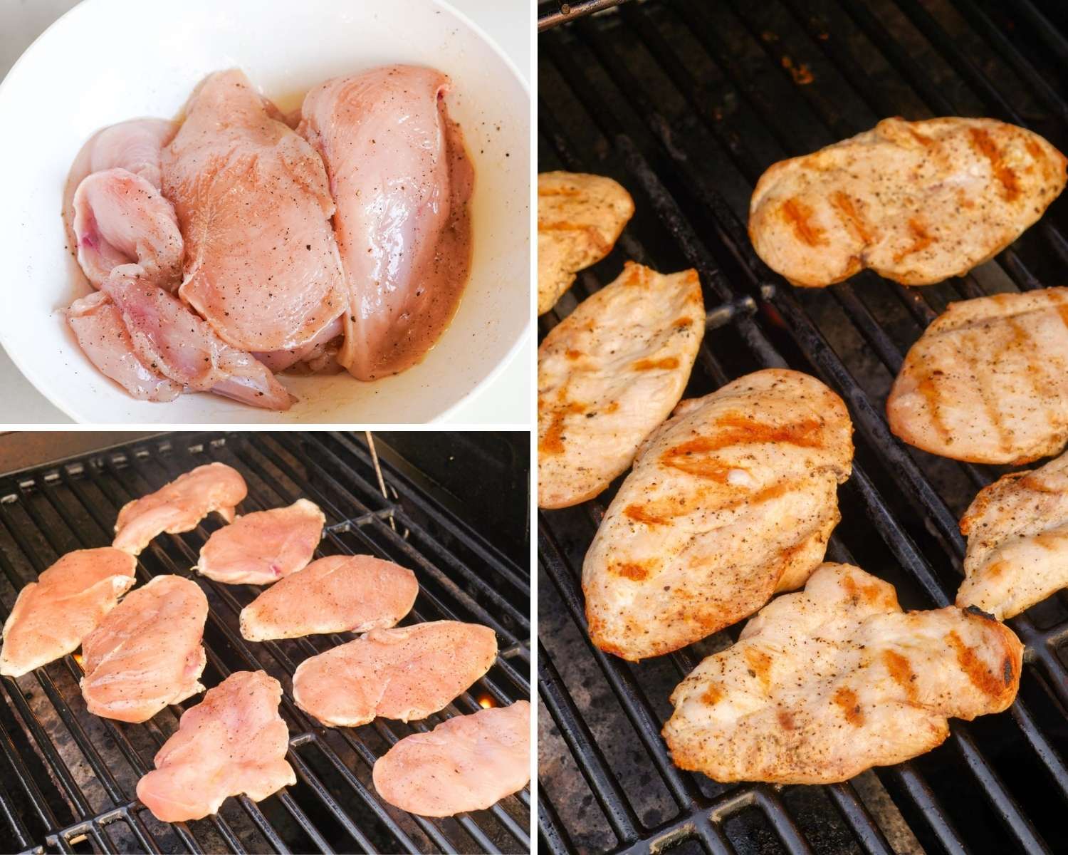 Collage of three images showing how to season and grill chicken breast for chick fil a wraps