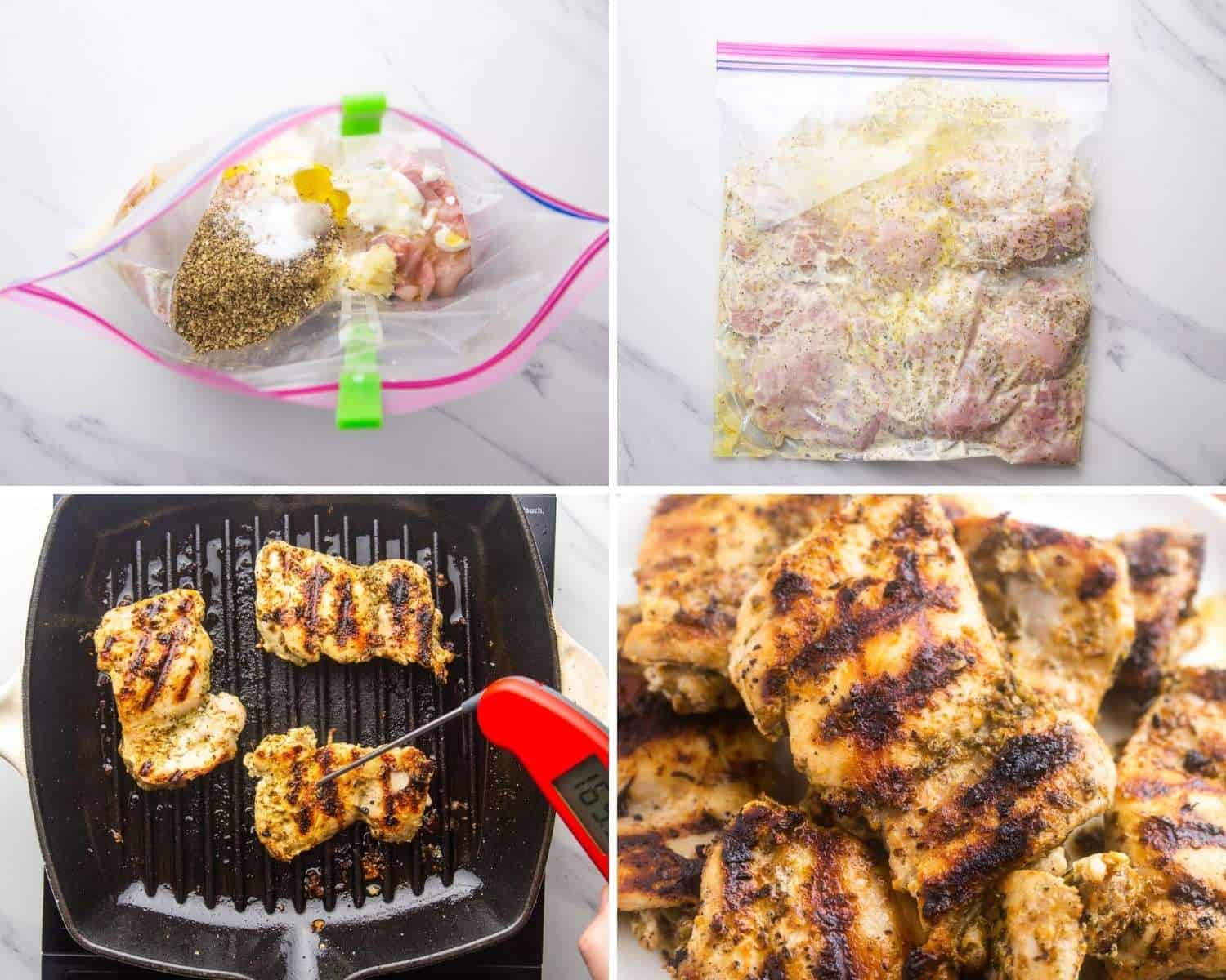 Collage of four images showing how to marinate chicken for gyros, and then grill it on a grill pan
