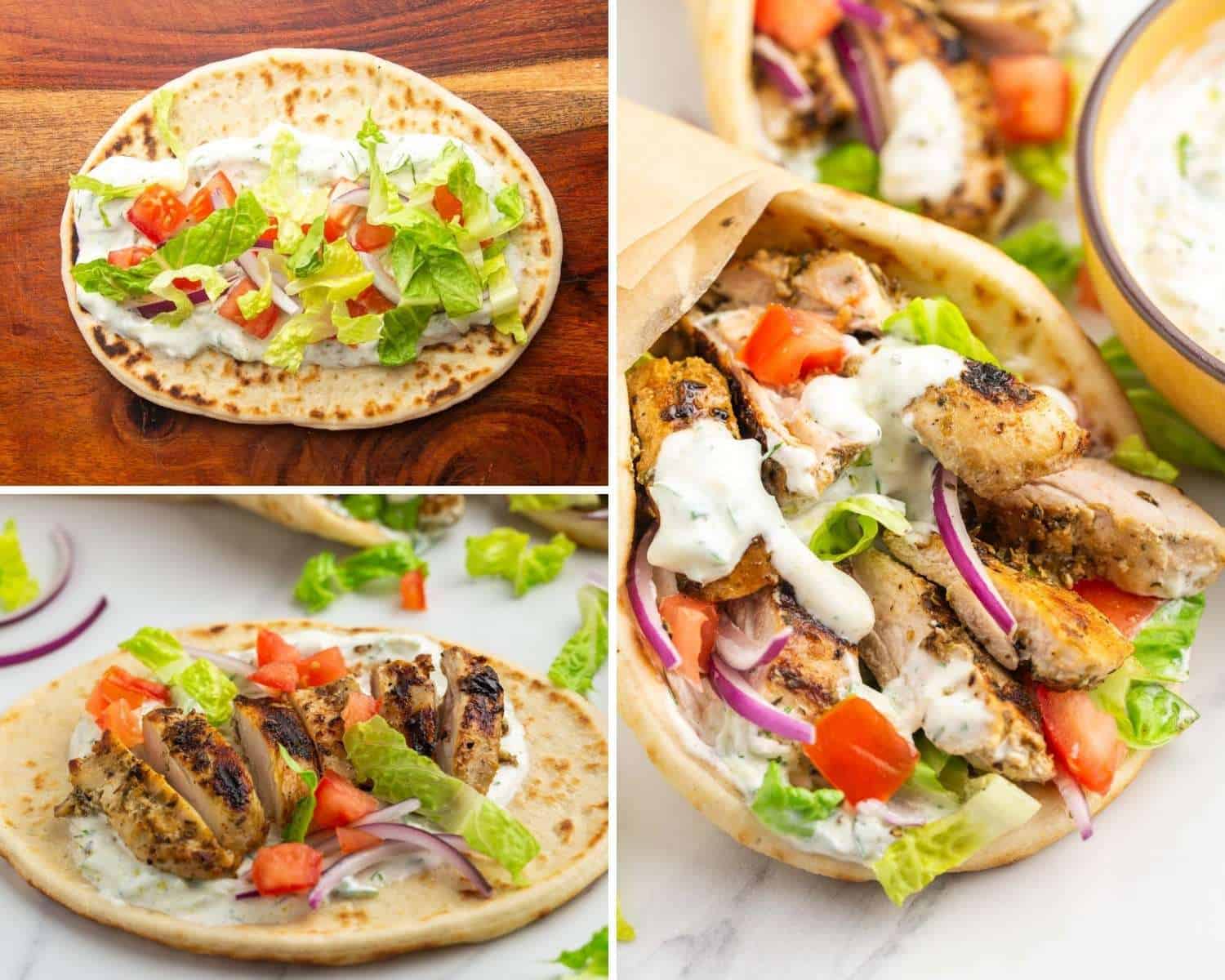 Collage of three images showing how to assemble a chicken gyros wrap