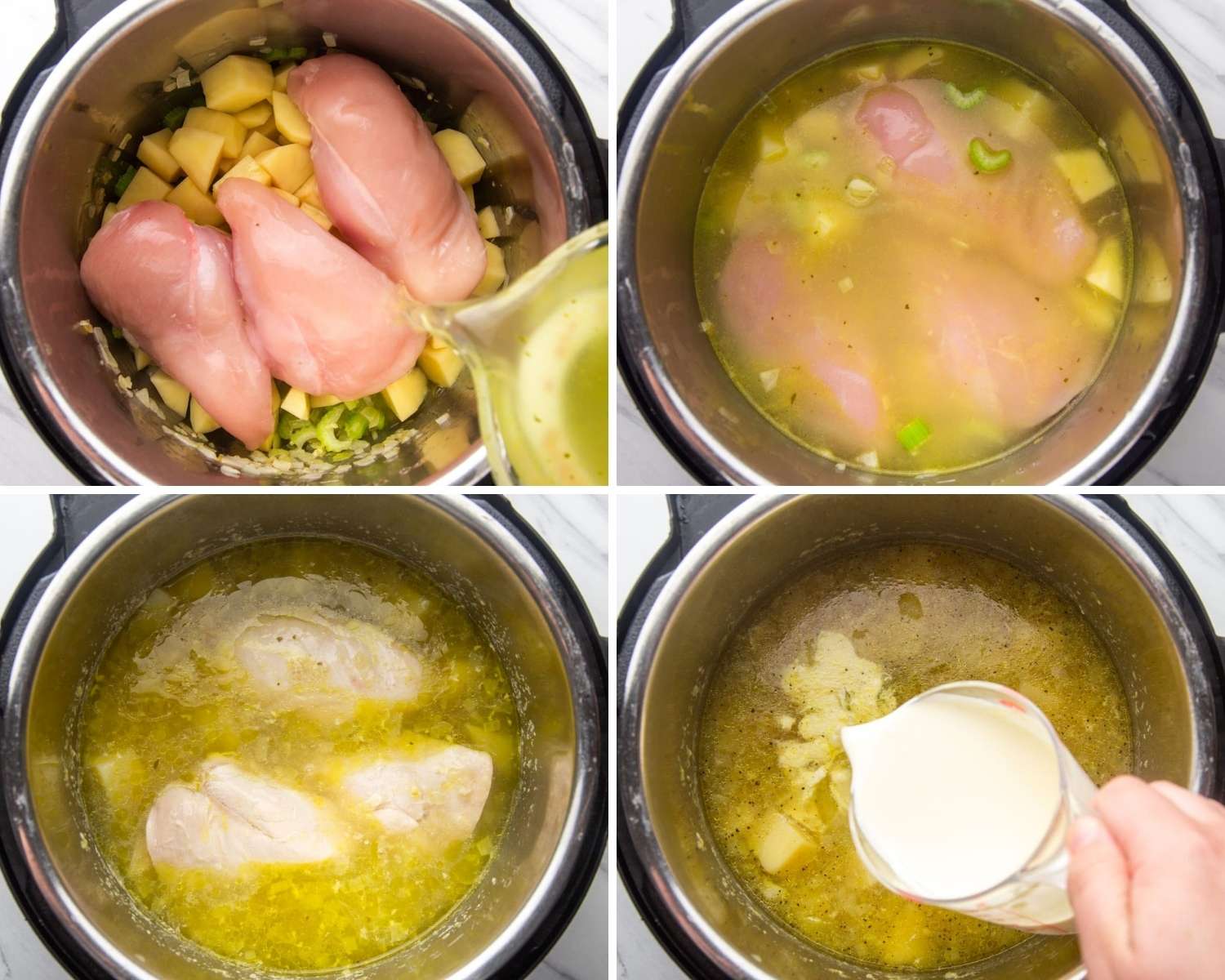 Collage of four images showing how to make chicken pot pie soup in the instant pot