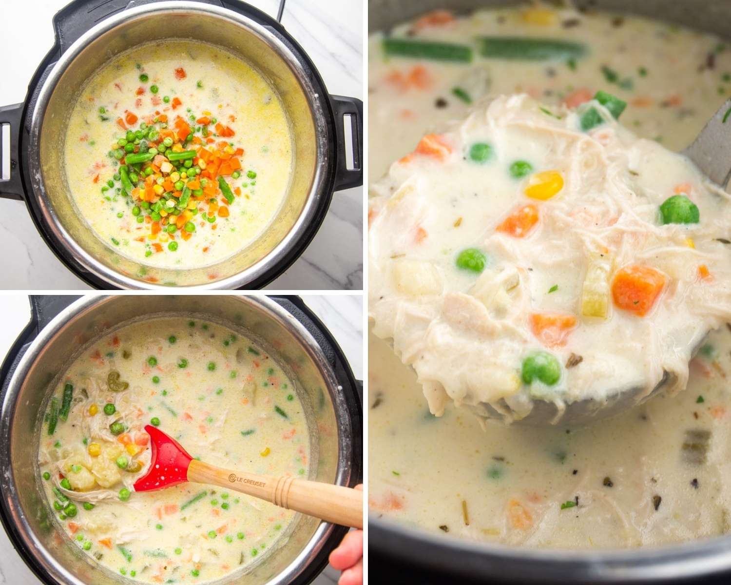 Collage of three images showing how to make chicken pot pie soup in the instant pot