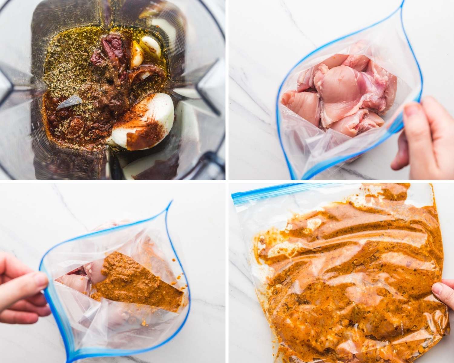 Collage of four images showing how to make marinade, and marinate the chicken thighs in a ziploc bag.