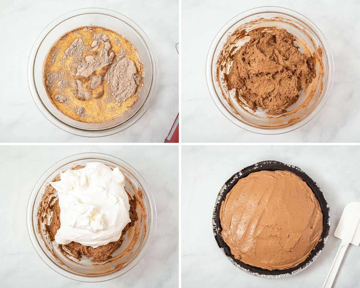 Collage of four images showing the simple steps to make chocolate jello pudding pie