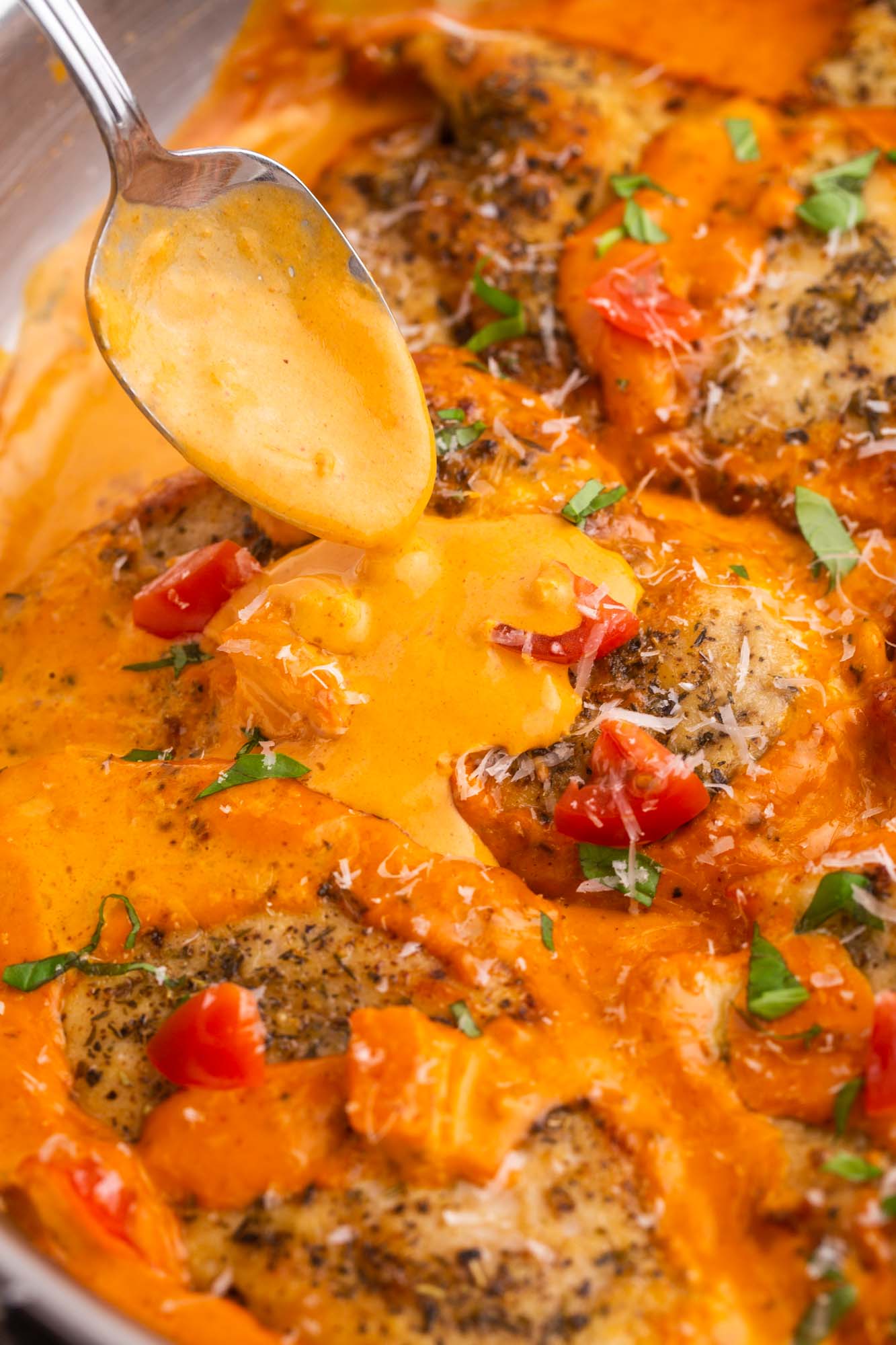 creamy tomato chicken in a skillet. A spoon is adding additional sauce on top of the cutlets. 