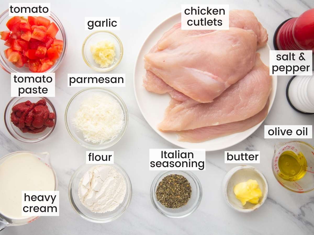 Ingredients for this tomato chicken recipe all in separate dishes on a counter, viewed from above