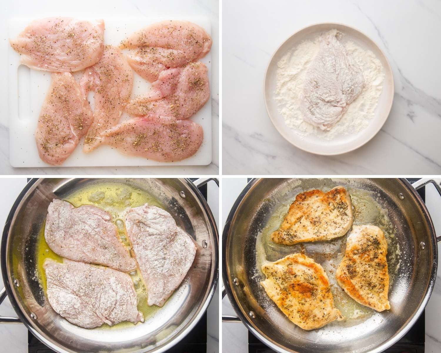 a collage of four photos showing how to make chicken cutlets in a skillet