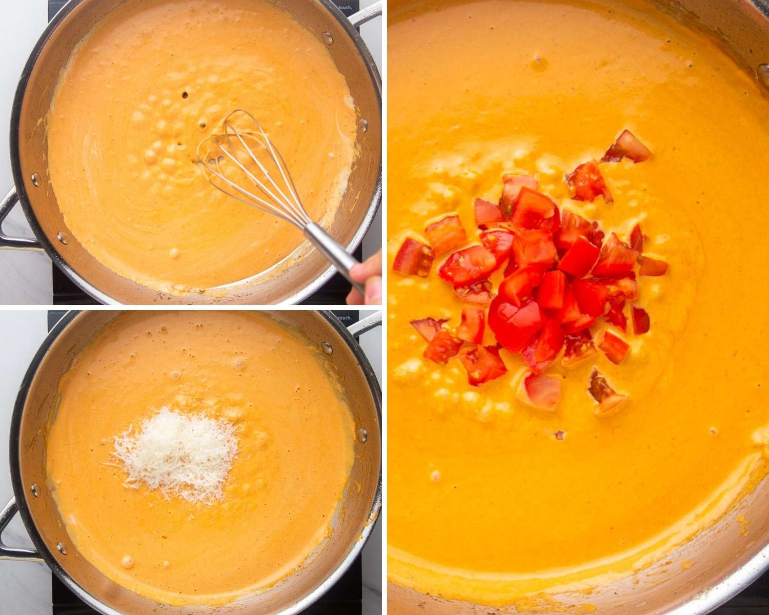 a collage of three images showing how to make a creamy tomato sauce with tomatoes for chicken.