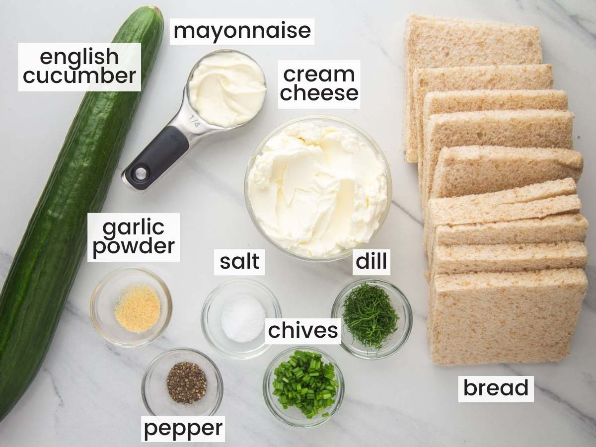 the ingredients needed to make cucumber sandwiches all measured and laid out on a cutting board.