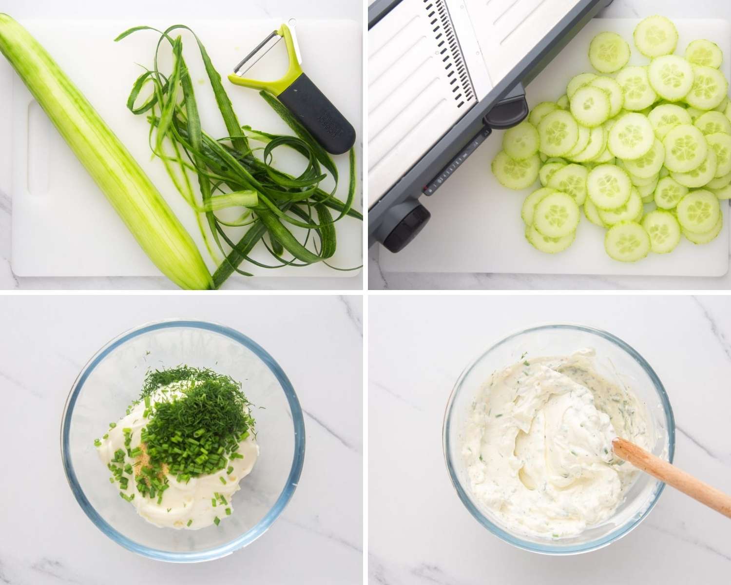 four images showing how to prep the cucumbers and spread for tea sandwiches