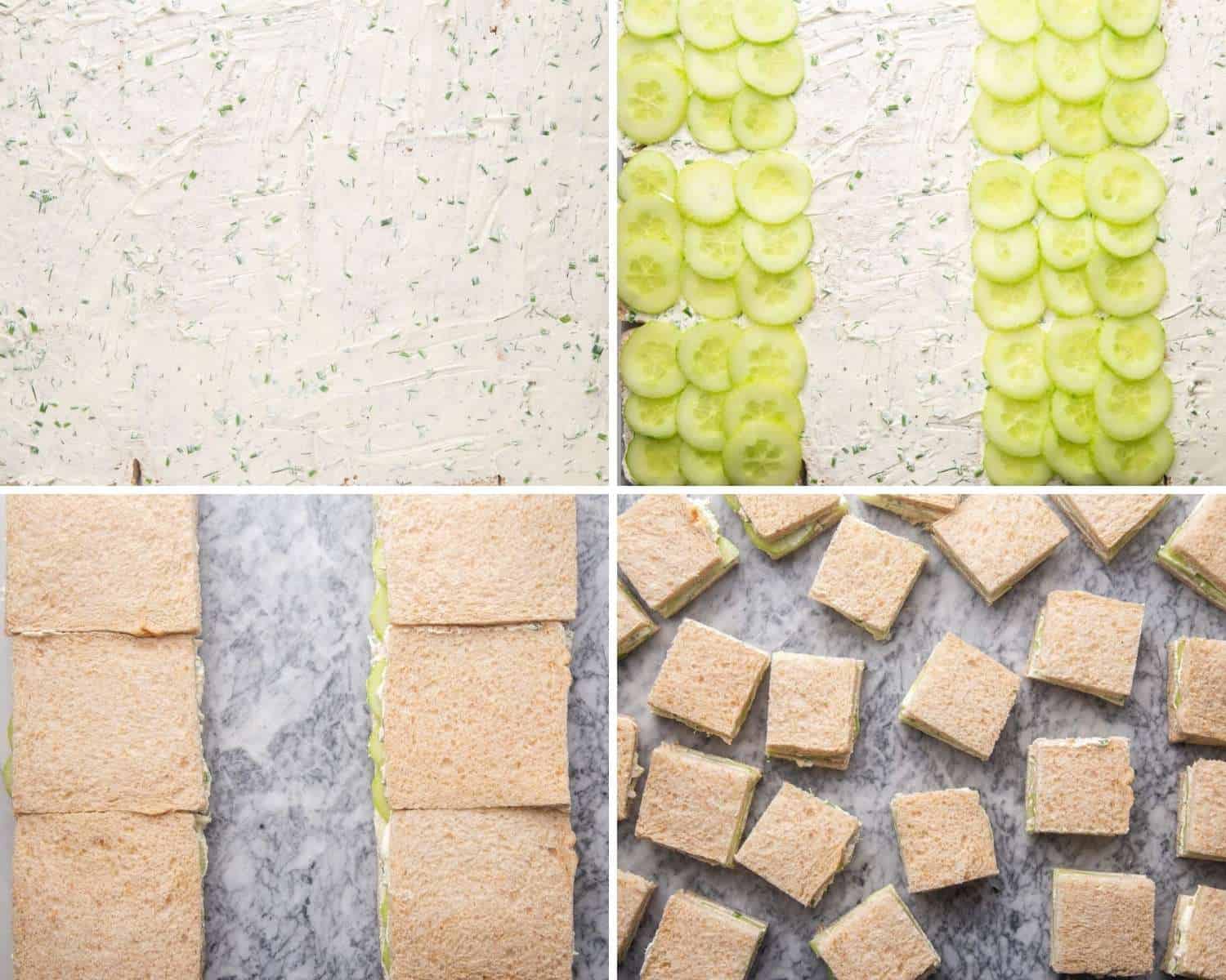 four images showing how to assemble cucumber tea sandwiches