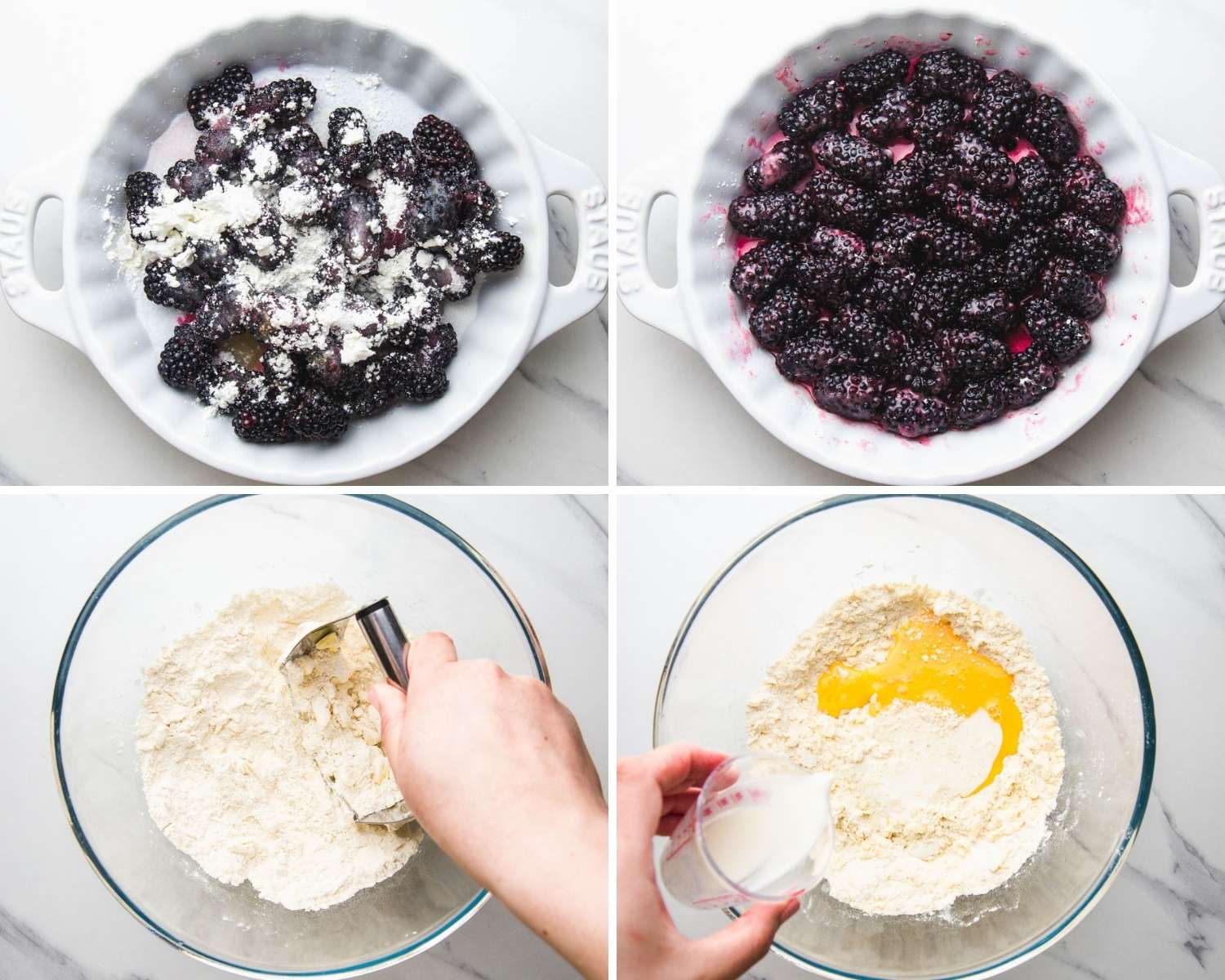 four photos showing how to make the filling and topping for easy blackberry cobbler