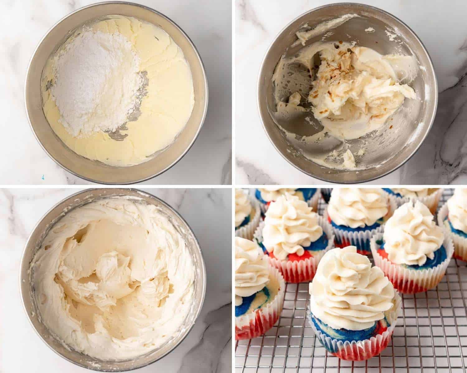 four photos showing how to make buttercream frosting