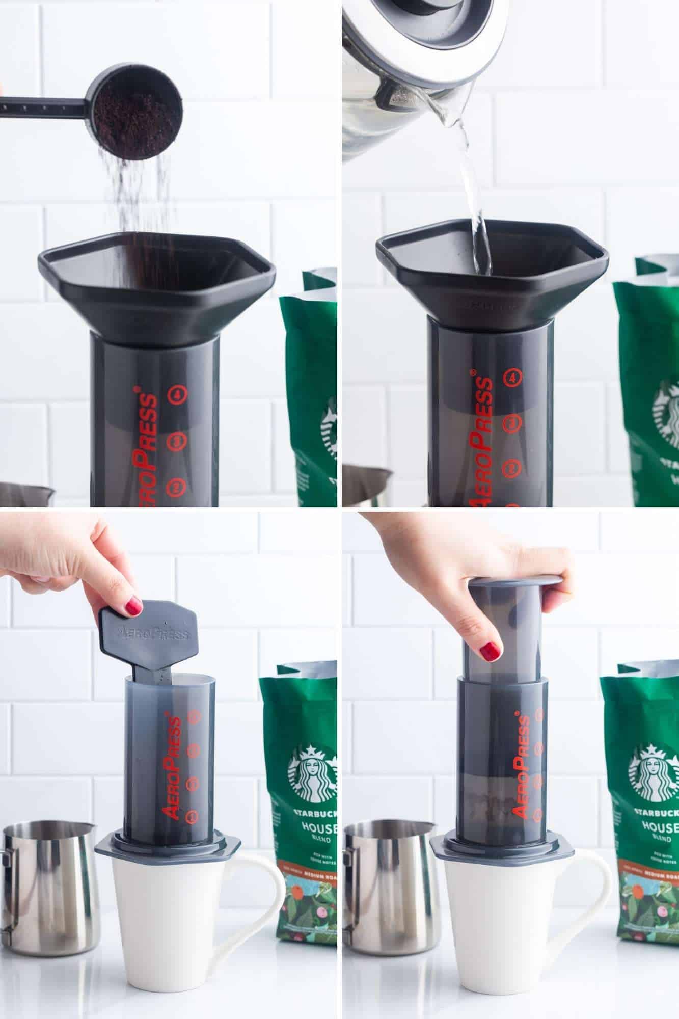 a collage of four images showing step by step how to make coffee with an aeropress coffee maker