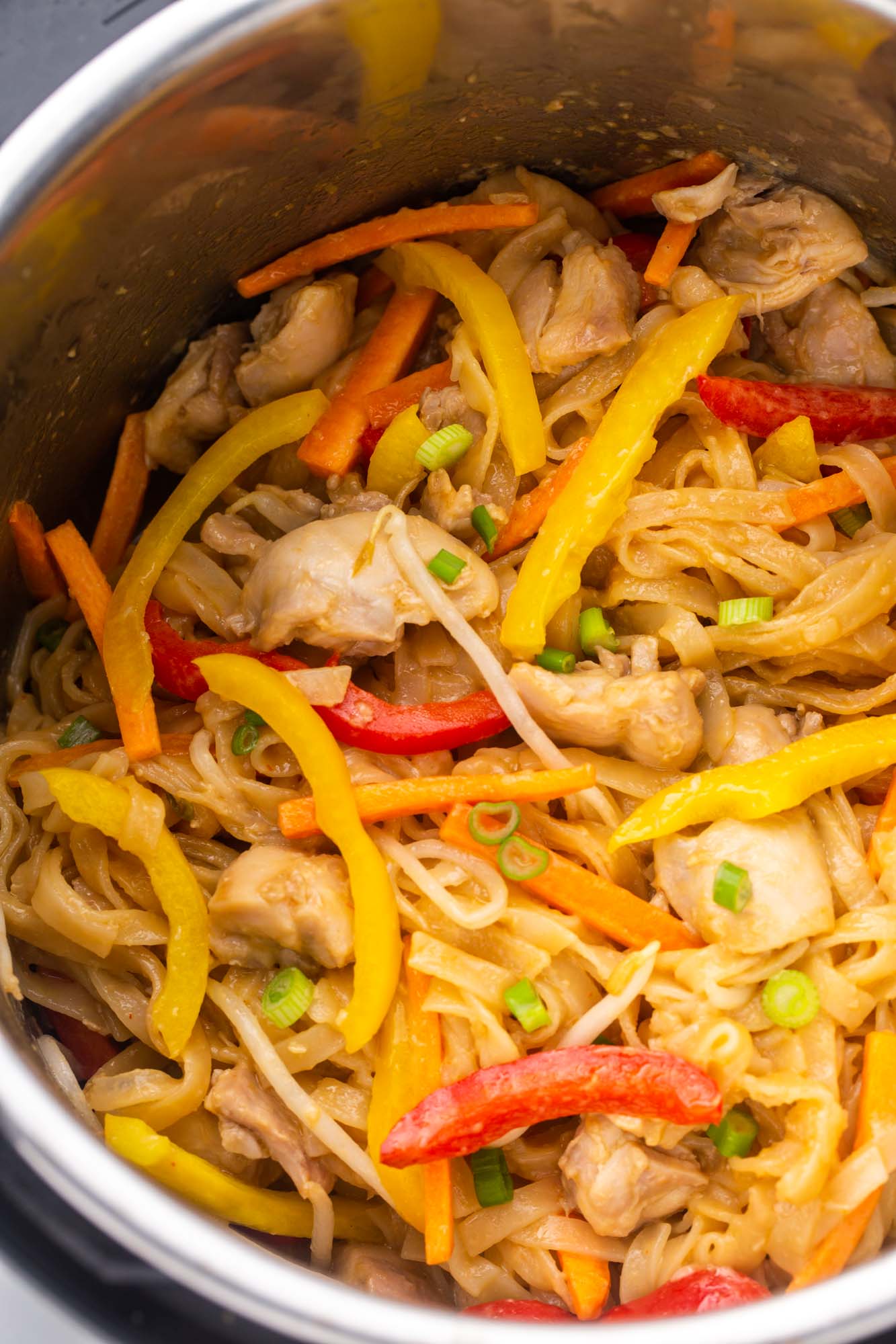 Overhead shot of chicken pad thai in the instant pot