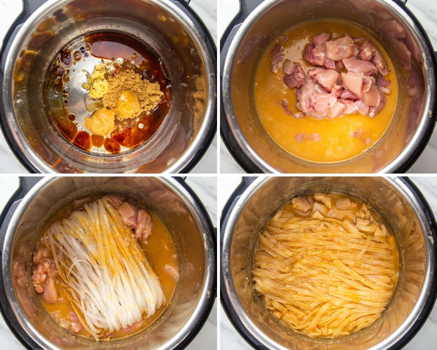 Collage of four images showing how to dump the pad thai ingredients in the instant pot, and pressure cook.