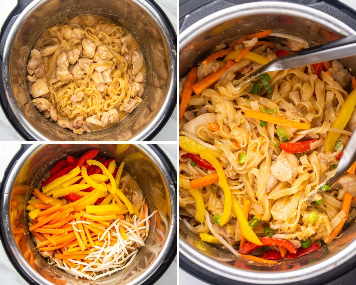 Collage of 3 images showing how to make chicken pad thai in the instant pot