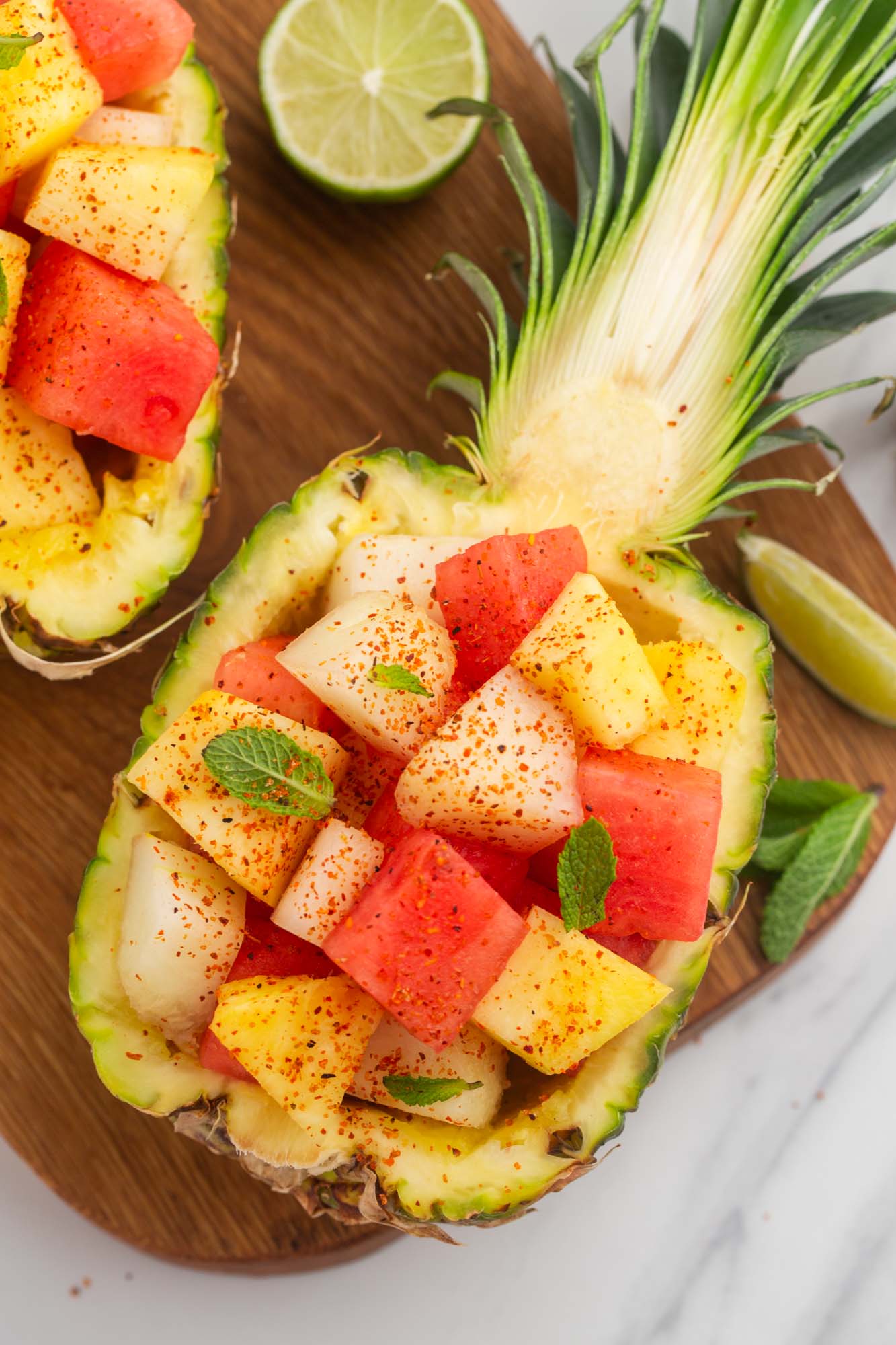 Mexican Fruit Salad served in a hollowed pineapple
