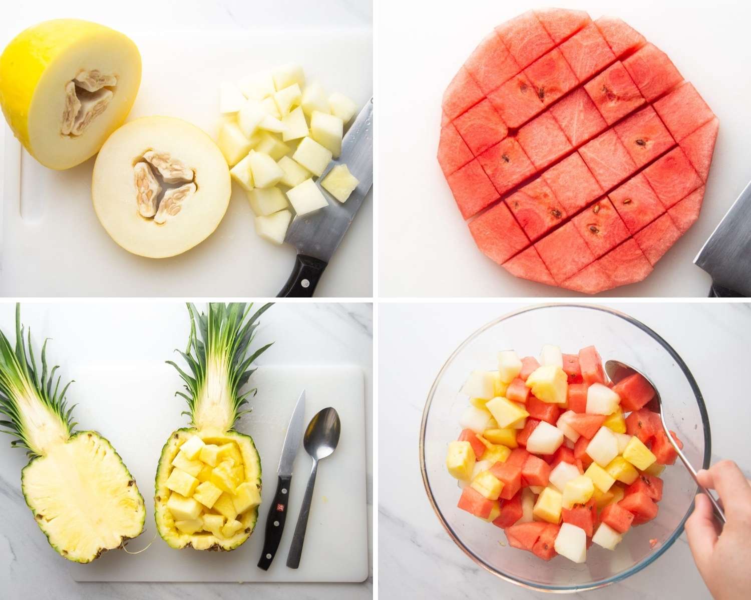 Collage of four images showing how to make fruit salad mexican style