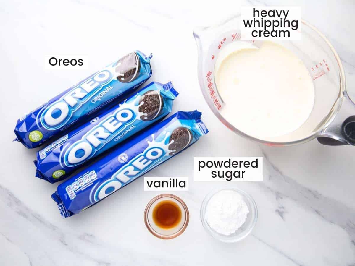 The ingredients needed to make oreo ice box cake