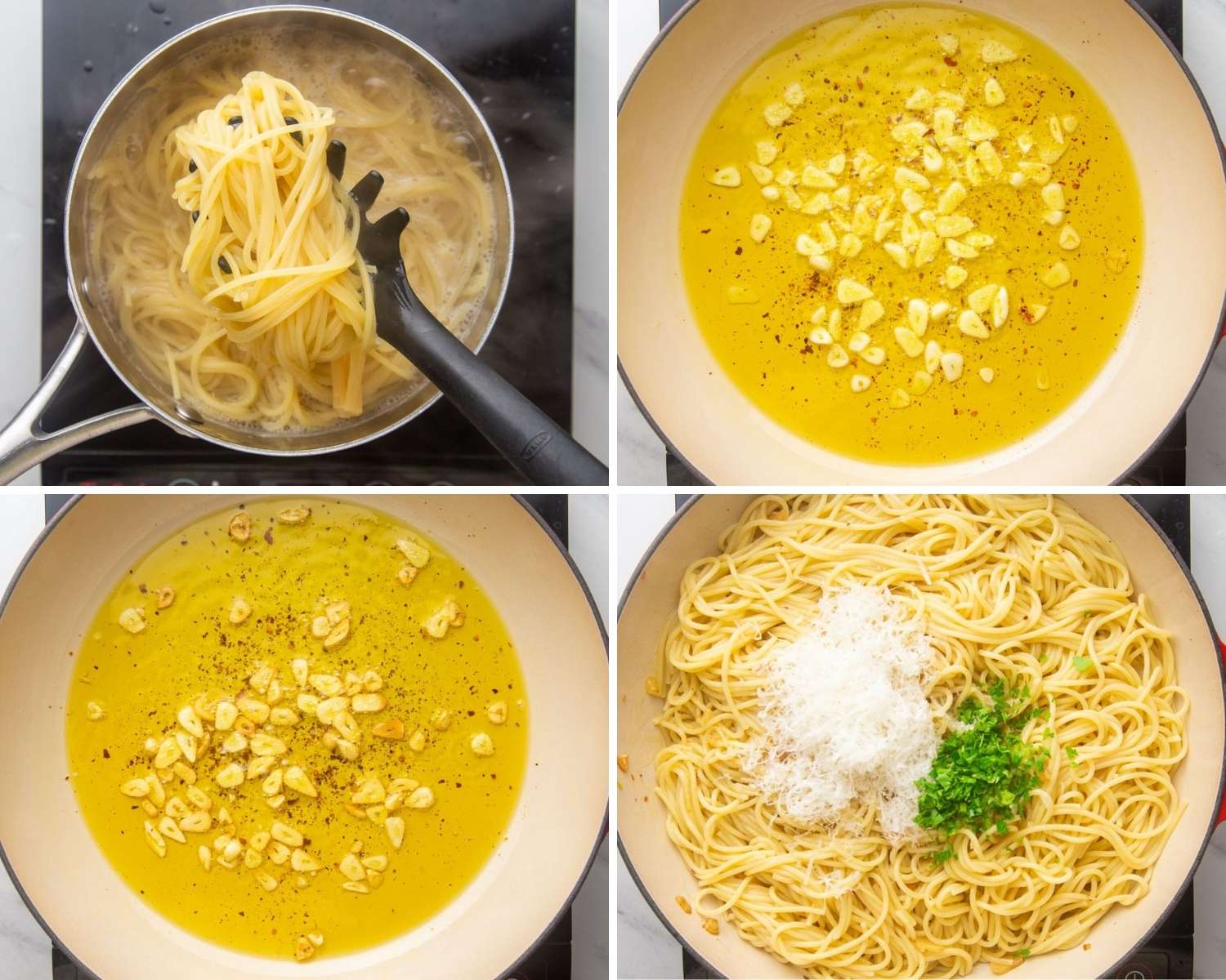 a collage of photos showing four steps for making pasta with olive oil and garlic