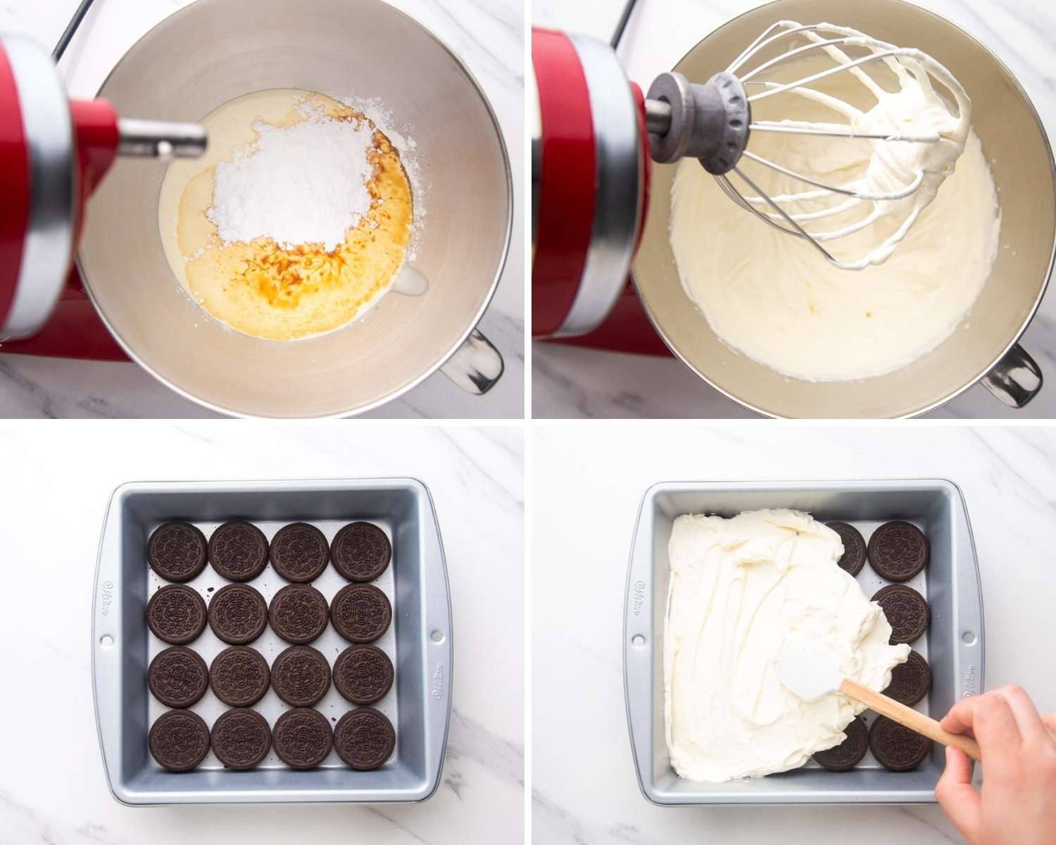 a collage of four images showing how to make whipped cream and start layering an oreo icebox cake.