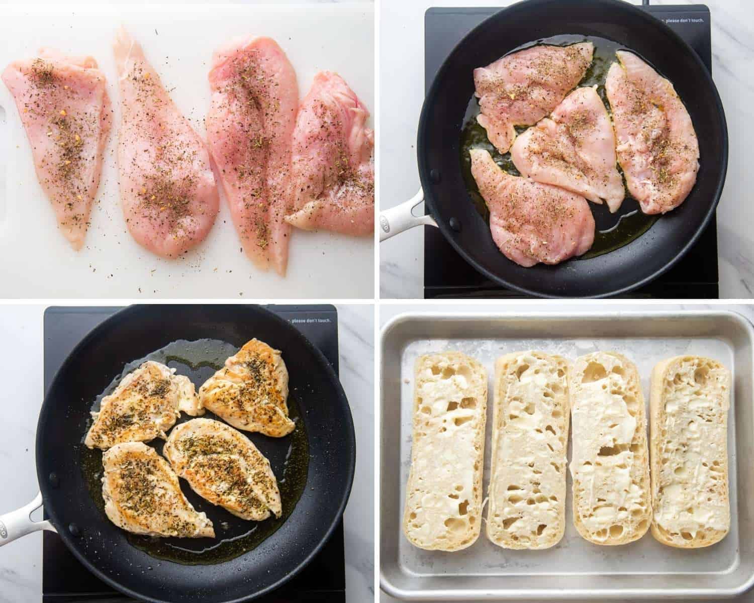 a collage of images showing how to make chicken for sandwiches