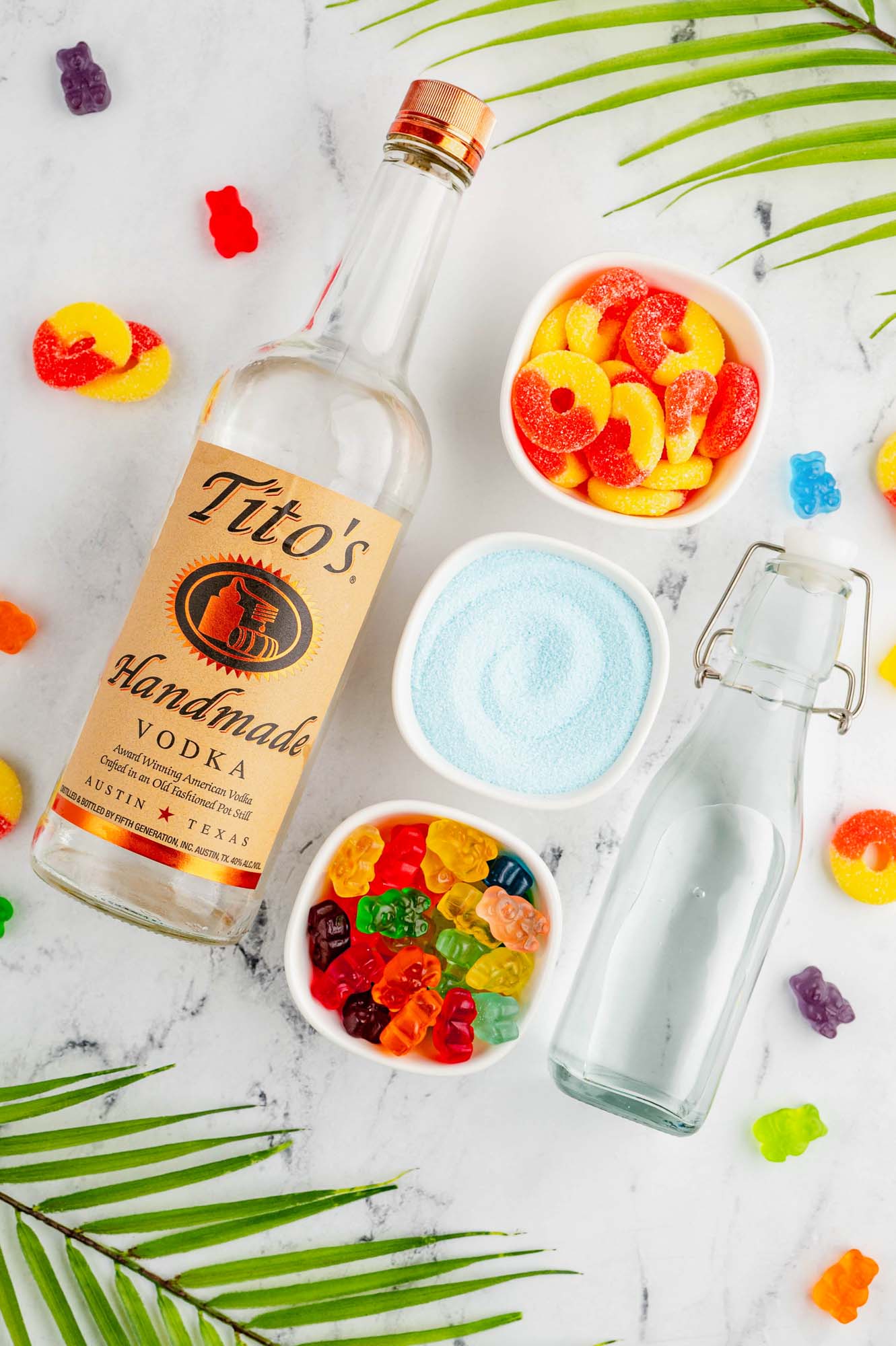 The ingredients you need to make vodka blue jello shots with gummy bears